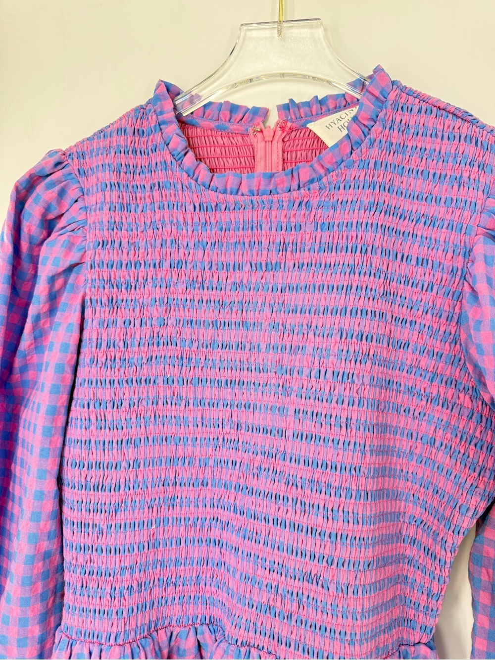 Hyacinth House Ruby Blouse Gingham Smocked Peplum Ruffle Blouse Blue Pink Size M - Picture 13 of 16